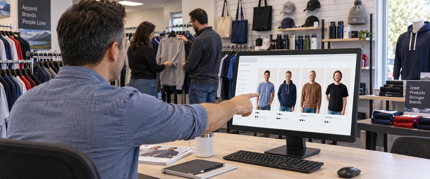 Un distributeur présente des vêtements d’Attraction à l’écran dans une salle de montre.