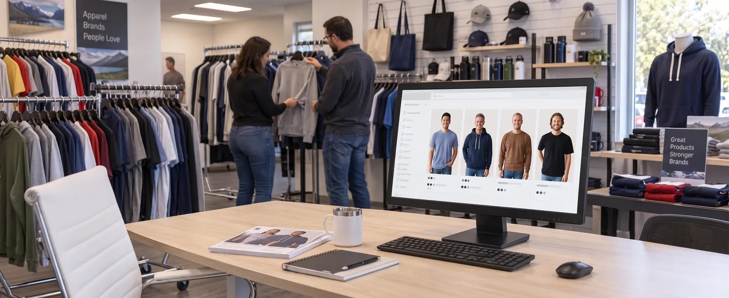 A screen displays an apparel catalog in a showroom.